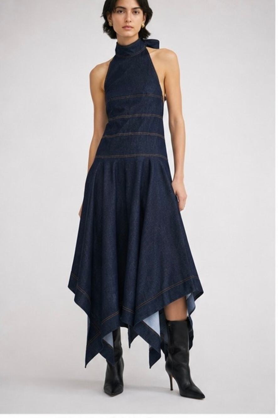 MONSE Buckled Bow Tie Denim Midi Dress Size 4 Dark Indigo NWT Sample